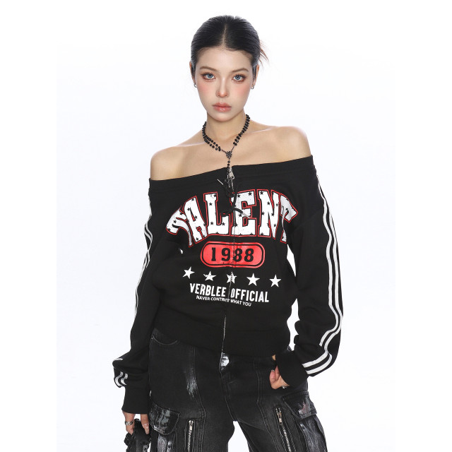 美式杠條一字肩拉鏈長袖衛衣女春秋辣妹運動風休閑球衣潮