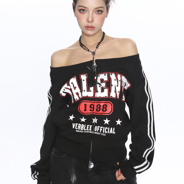 美式杠條一字肩拉鏈長袖衛衣女春秋辣妹運動風休閑球衣潮