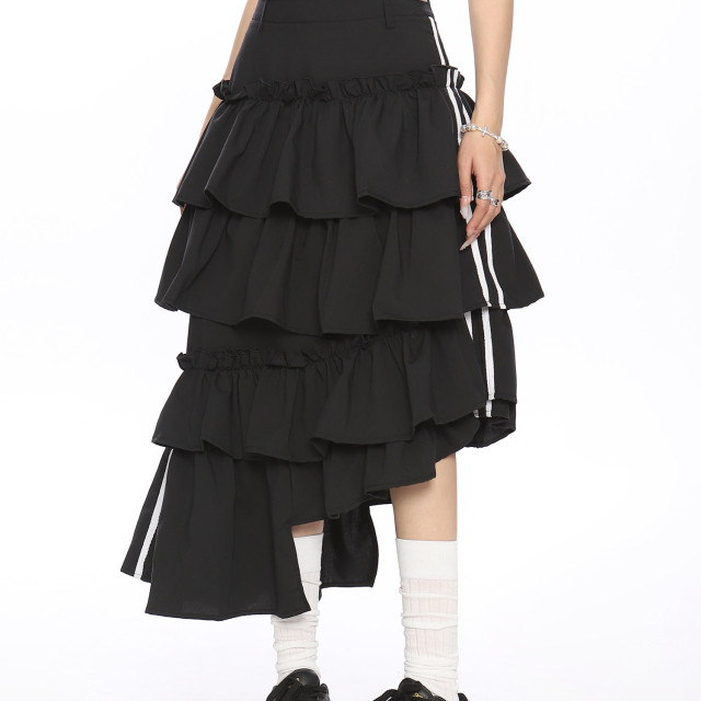 半身裙女夏季新款美式復古不規則條紋撞色設計寬松蛋糕裙