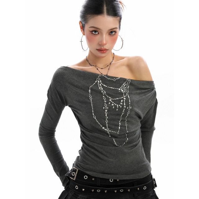 辣妹柳釘項鏈蕩領斜肩長袖T恤女秋季顯瘦一字肩內搭上衣潮