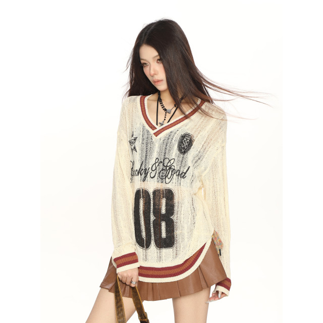 撞色字母v領學院風長袖針織衫女春秋慵懶風顯瘦防曬罩衫潮