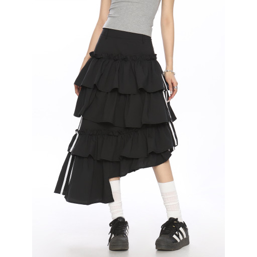 半身裙女夏季新款美式復古不規則條紋撞色設計寬松蛋糕裙