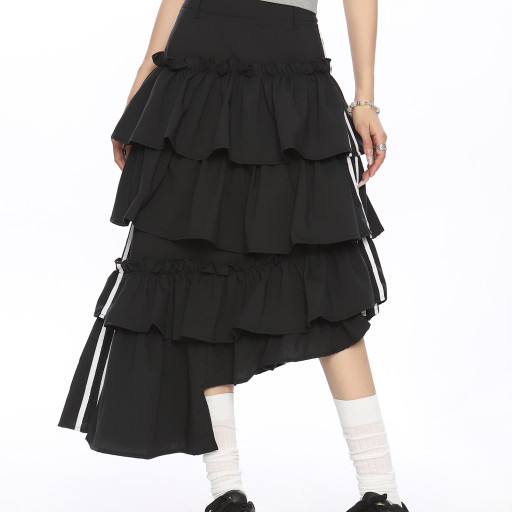 半身裙女夏季新款美式復古不規則條紋撞色設計寬松蛋糕裙