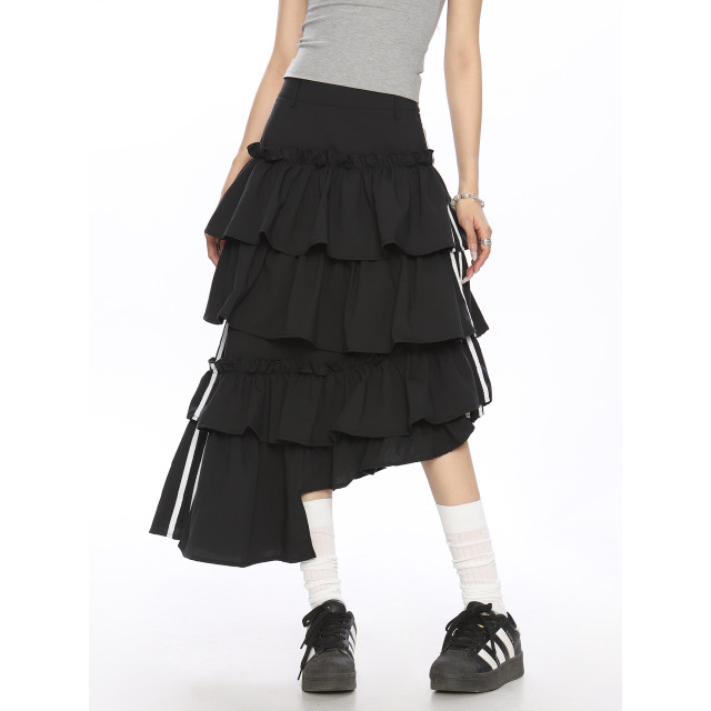 半身裙女夏季新款美式復古不規則條紋撞色設計寬松蛋糕裙