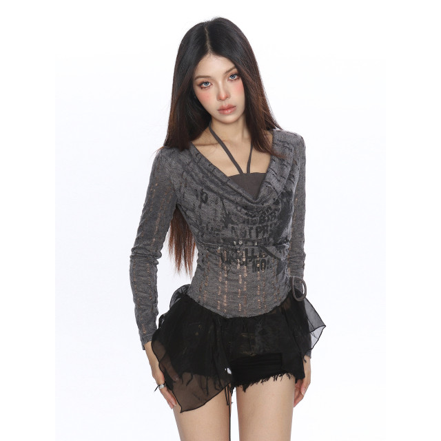 輕亞風蕩領假兩件長袖T恤女秋季不規則下擺辣妹內搭上衣潮