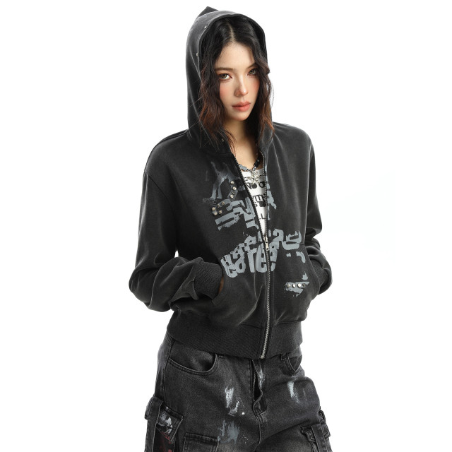 輕亞風柳釘塗鴉連帽衛衣女秋季朋克辣妹顯瘦拉鏈短款外套