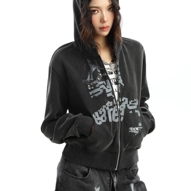 輕亞風柳釘塗鴉連帽衛衣女秋季朋克辣妹顯瘦拉鏈短款外套