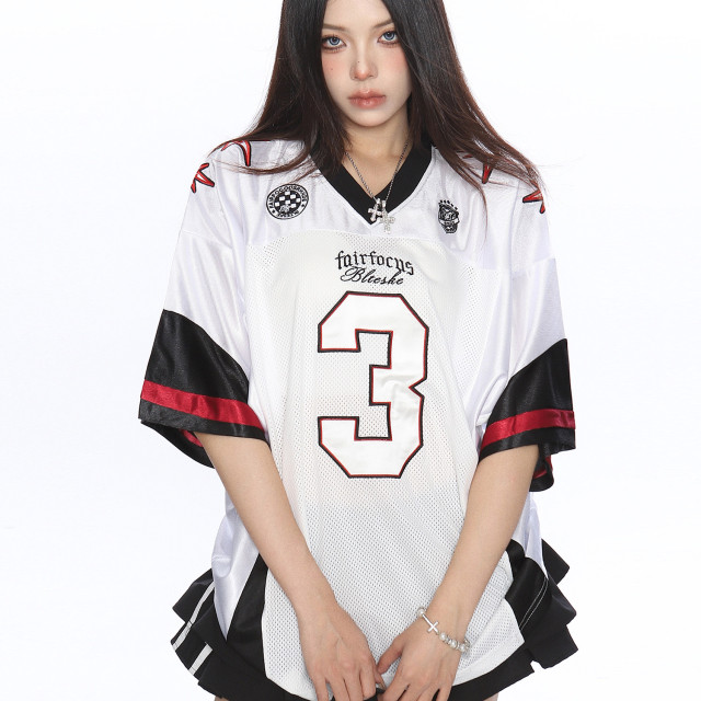 美式撞色字母v領短袖T恤女夏季澤西風休閑運動寬松球衣潮