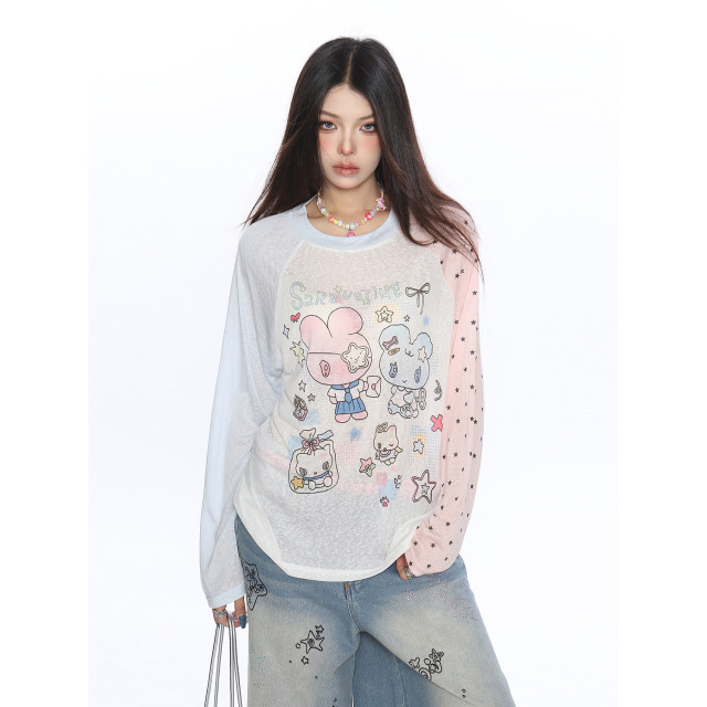 動漫二次元印花撞色長袖T恤女夏季薄款顯瘦防曬空調衫上衣