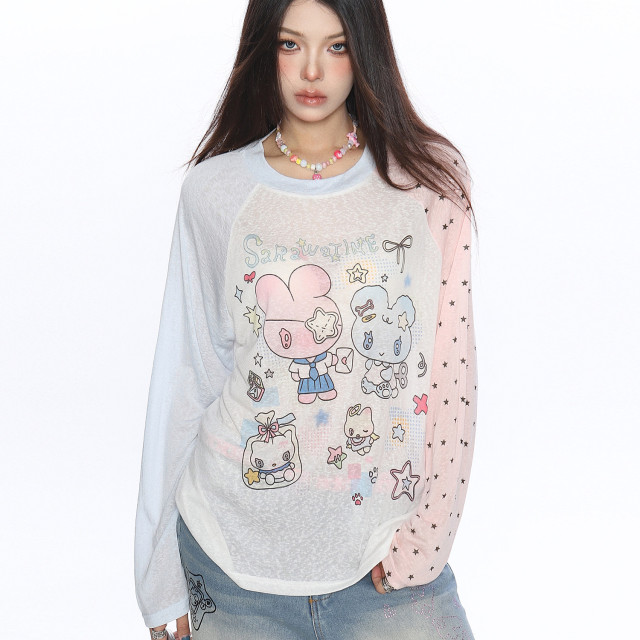 動漫二次元印花撞色長袖T恤女夏季薄款顯瘦防曬空調衫上衣