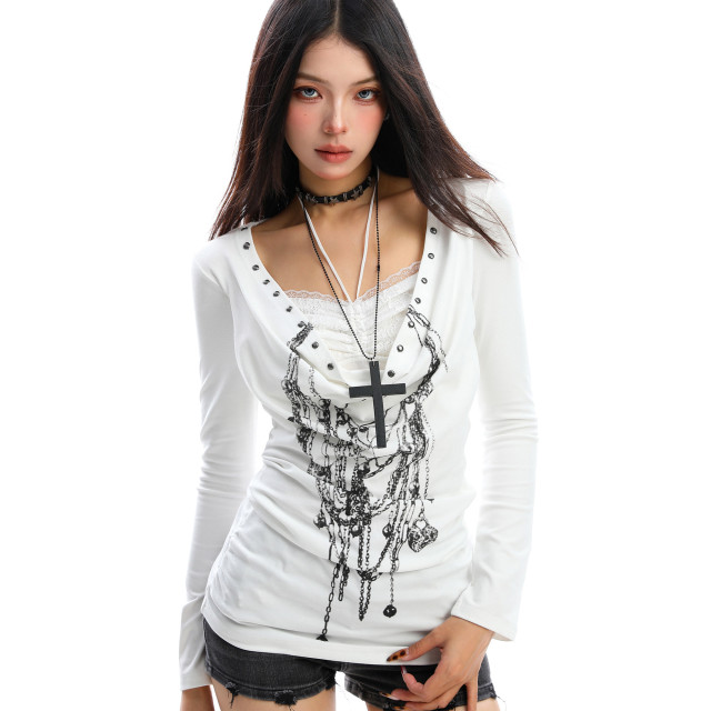 亞文化蕾絲蕩領塗鴉長袖T恤女秋季輕亞風y2k假兩件上衣潮