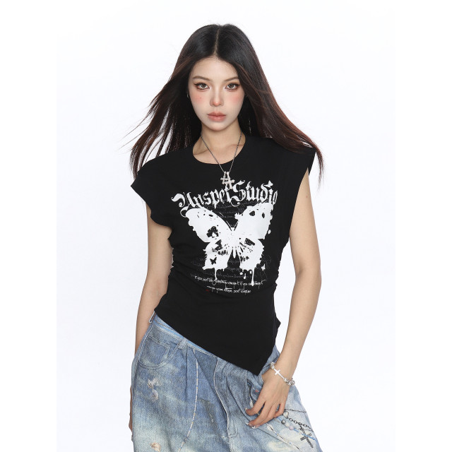 甜酷蝴蝶塗鴉印花短袖T恤女夏季不規則下擺辣妹顯瘦上衣潮