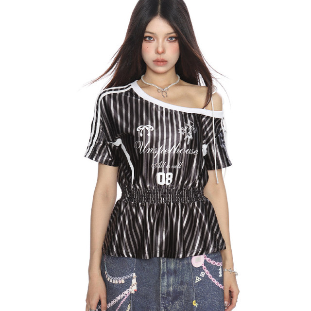 美式條紋收腰斜肩綁帶短袖T恤女夏季辣妹露肩顯瘦球衣上衣