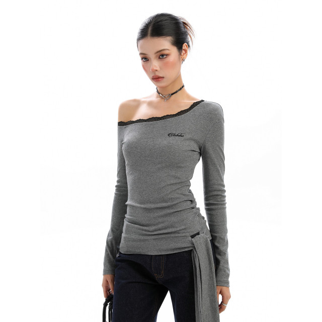 設計感蕾絲邊斜肩長袖T恤女秋季韓系系帶內搭打底衫上衣潮