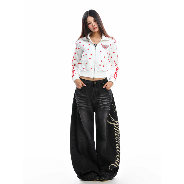 美式燙鉆星星杠條立領衛衣女秋季設計感顯瘦短款拉鏈外套