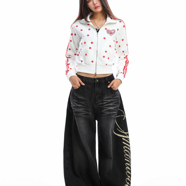 美式燙鉆星星杠條立領衛衣女秋季設計感顯瘦短款拉鏈外套