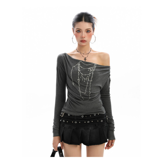 辣妹柳釘項鏈蕩領斜肩長袖T恤女秋季顯瘦一字肩內搭上衣潮