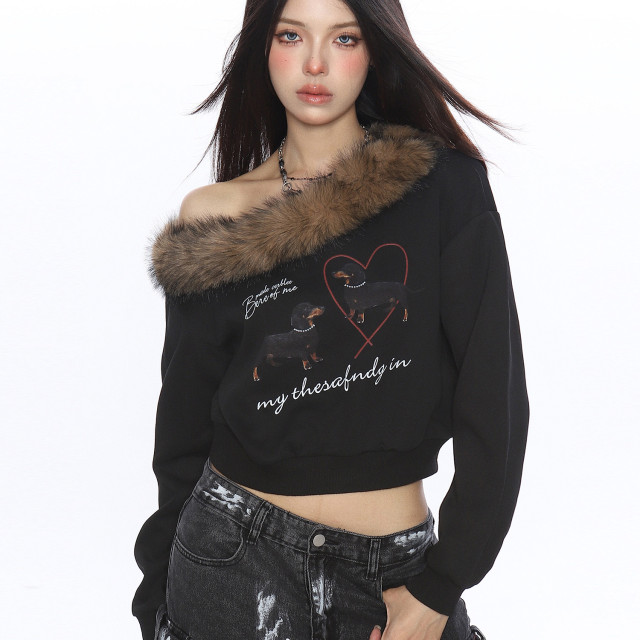 辣妹臘腸狗可拆卸毛領斜肩衛衣女秋冬設計感顯瘦露肩上衣