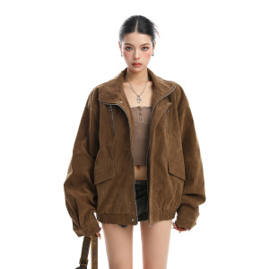 美式美拉德立領麂皮絨工裝外套女秋冬夾棉厚寬松棉服夾克