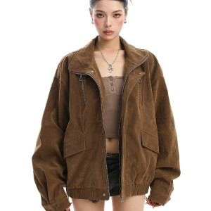 美式美拉德立領麂皮絨工裝外套女秋冬夾棉厚寬松棉服夾克