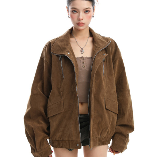 美式美拉德立領麂皮絨工裝外套女秋冬夾棉厚寬松棉服夾克