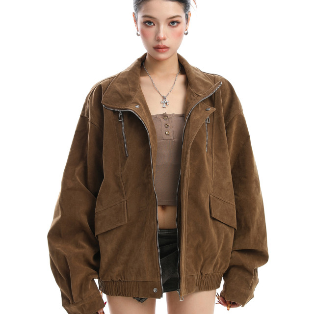 美式美拉德立領麂皮絨工裝外套女秋冬夾棉厚寬松棉服夾克