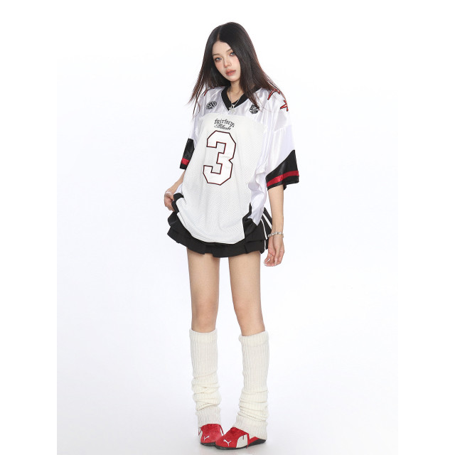 美式撞色字母v領短袖T恤女夏季澤西風休閑運動寬松球衣潮