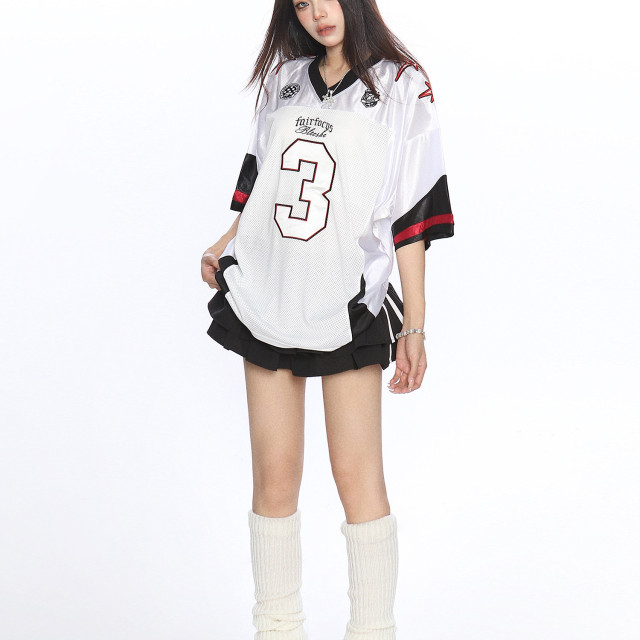 美式撞色字母v領短袖T恤女夏季澤西風休閑運動寬松球衣潮