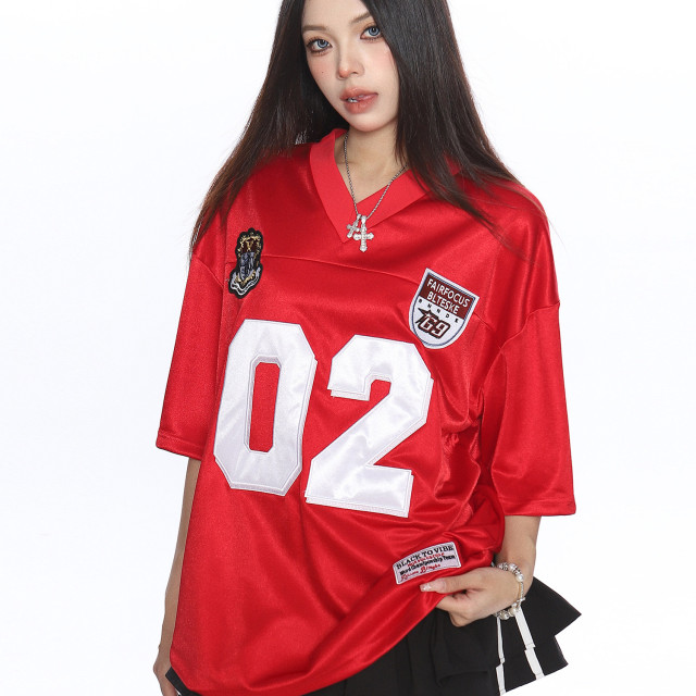 美式緞面字母v領短袖T恤女夏季運動風寬松休閑情侶球衣潮