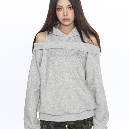 美式燙鉆露肩連帽衛衣女秋冬設計感假兩件寬松休閑上衣潮