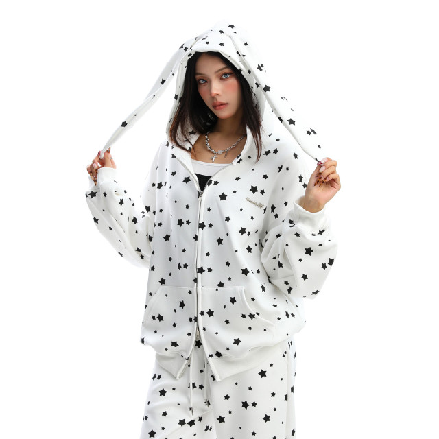 美式滿印星星兔耳朵連帽衛衣女秋冬休閑褲兩件套外套套裝