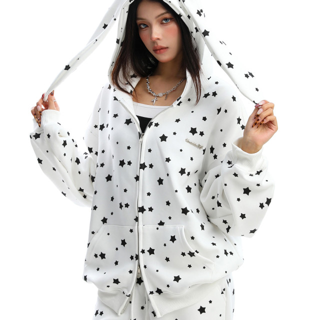 美式滿印星星兔耳朵連帽衛衣女秋冬休閑褲兩件套外套套裝