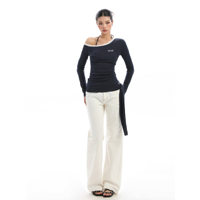 設計感蕾絲邊斜肩長袖T恤女秋季韓系系帶內搭打底衫上衣潮