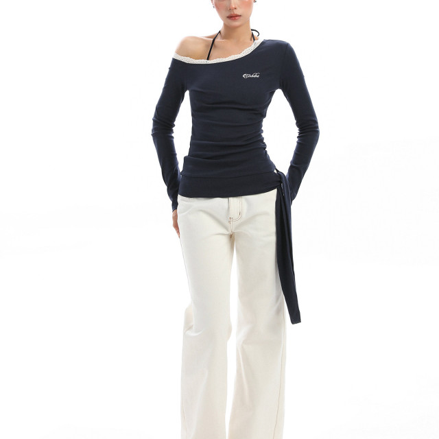 設計感蕾絲邊斜肩長袖T恤女秋季韓系系帶內搭打底衫上衣潮