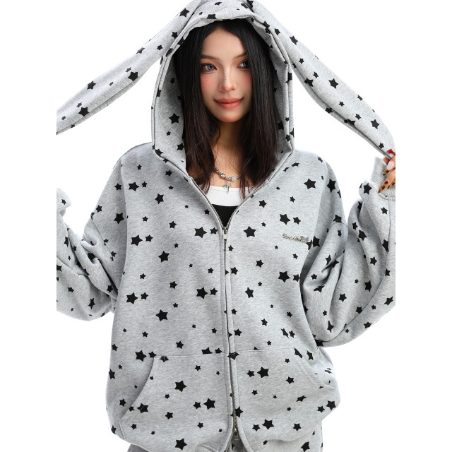 美式滿印星星兔耳朵連帽衛衣女秋冬休閑褲兩件套外套套裝