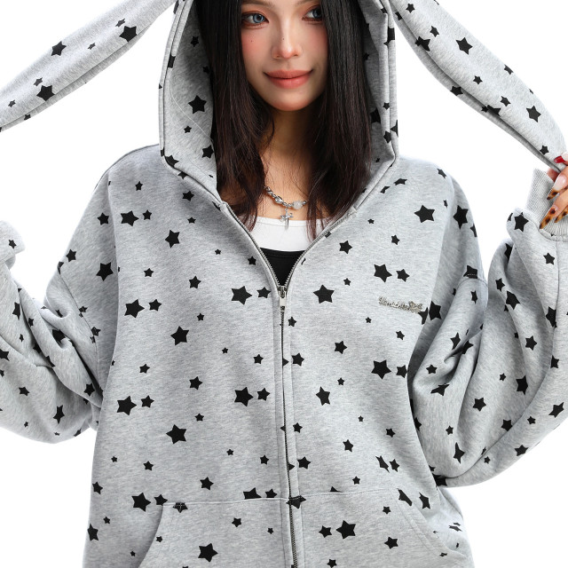 美式滿印星星兔耳朵連帽衛衣女秋冬休閑褲兩件套外套套裝