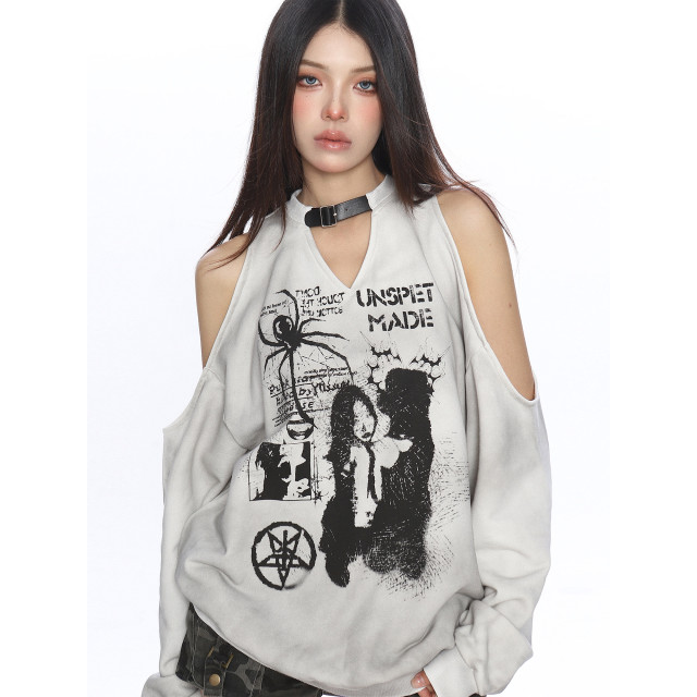 辣妹蜘蛛塗鴉露肩長袖衛衣女秋冬做舊設計感寬松加絨上衣