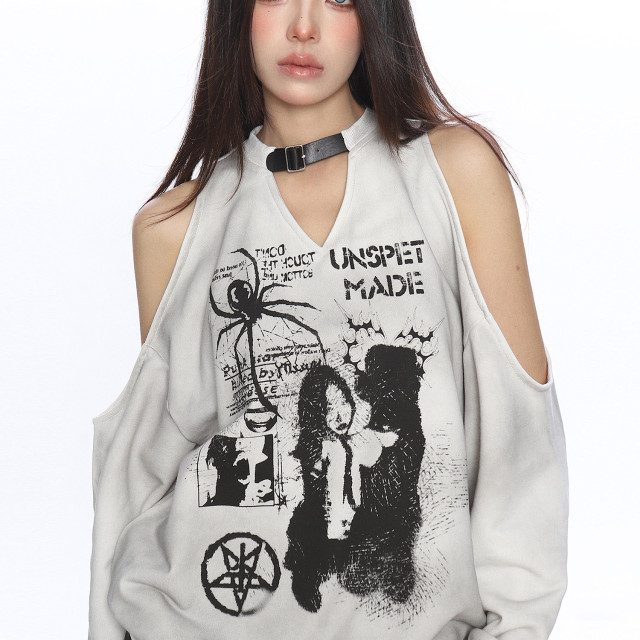 辣妹蜘蛛塗鴉露肩長袖衛衣女秋冬做舊設計感寬松加絨上衣