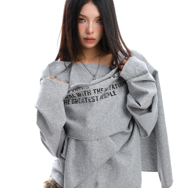 設計感不規則印花斜肩長袖衛衣女秋冬慵懶感疊穿顯瘦上衣