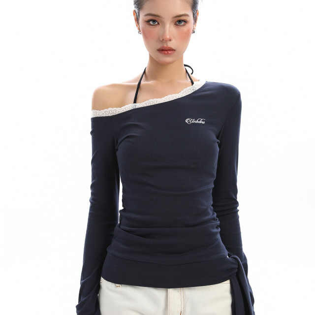設計感蕾絲邊斜肩長袖T恤女秋季韓系系帶內搭打底衫上衣潮