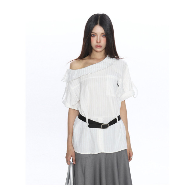 韓系穿搭斜肩短袖襯衫T恤女夏季不規則設計露肩顯瘦上衣潮