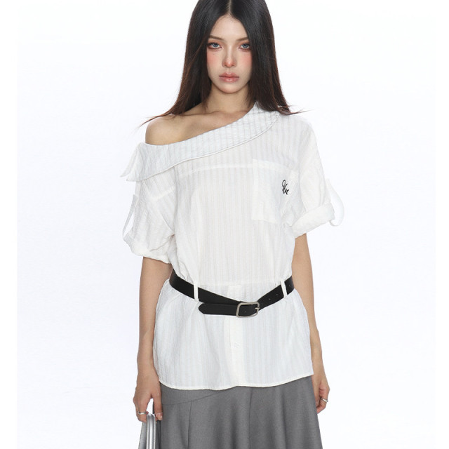 韓系穿搭斜肩短袖襯衫T恤女夏季不規則設計露肩顯瘦上衣潮