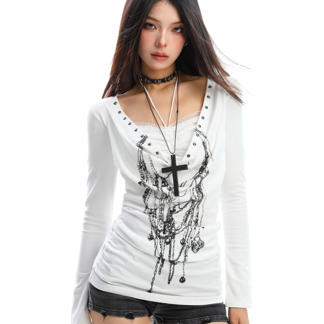 亞文化蕾絲蕩領塗鴉長袖T恤女秋季輕亞風y2k假兩件上衣潮