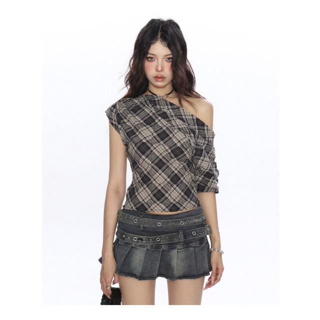 辣妹撞色格子斜肩短袖T恤女夏季設計感韓系露肩顯瘦上衣潮