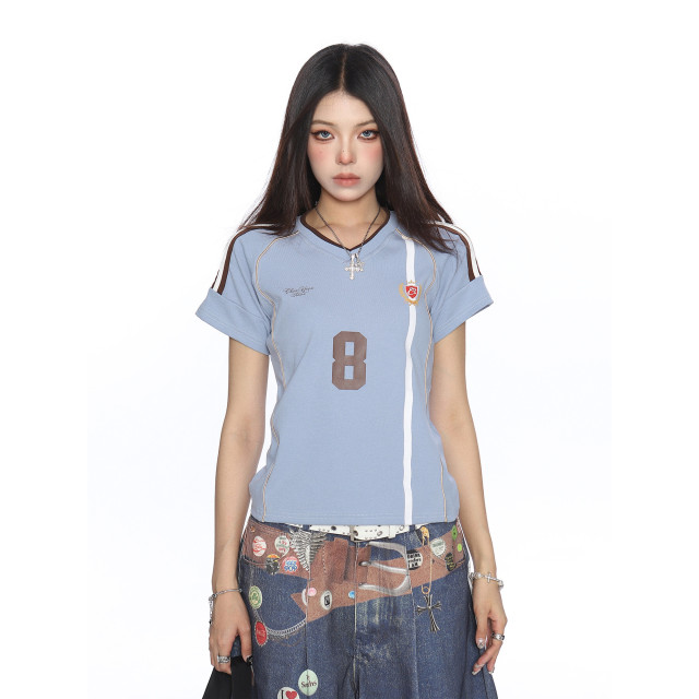 美式杠條正肩球衣短袖T恤女夏季澤西風v領運動辣妹上衣潮