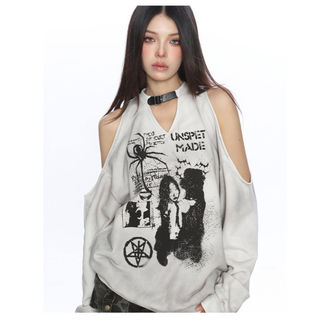 辣妹蜘蛛塗鴉露肩長袖衛衣女秋冬做舊設計感寬松加絨上衣