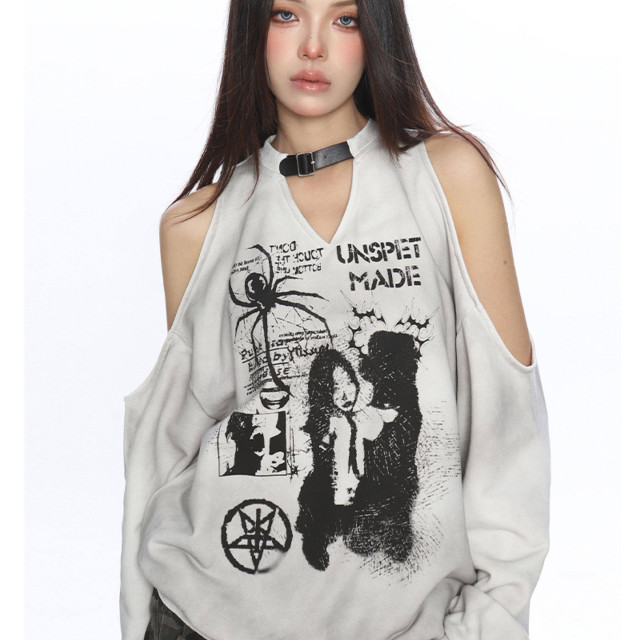 辣妹蜘蛛塗鴉露肩長袖衛衣女秋冬做舊設計感寬松加絨上衣