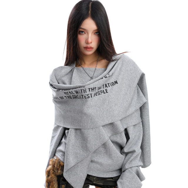 設計感不規則印花斜肩長袖衛衣女秋冬慵懶感疊穿顯瘦上衣