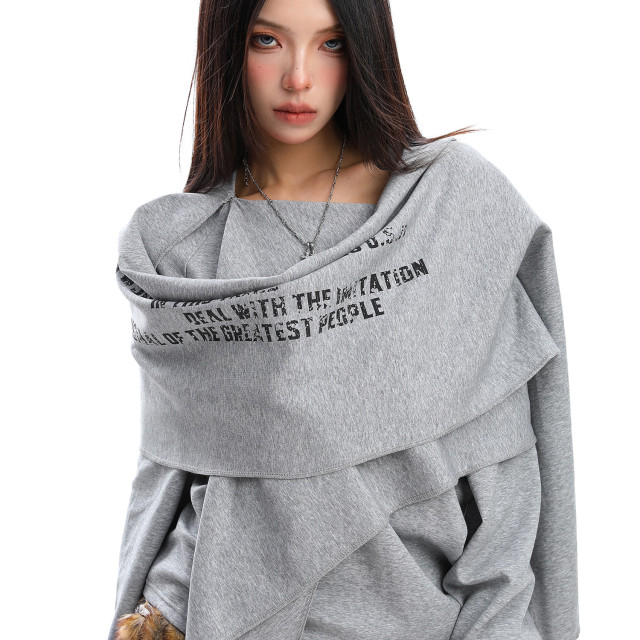 設計感不規則印花斜肩長袖衛衣女秋冬慵懶感疊穿顯瘦上衣