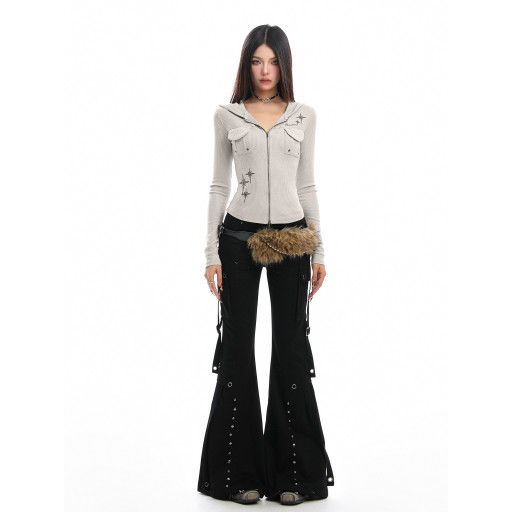 美式辣妹柳釘工裝微喇休閑褲女重工街頭修身顯瘦拖地長褲